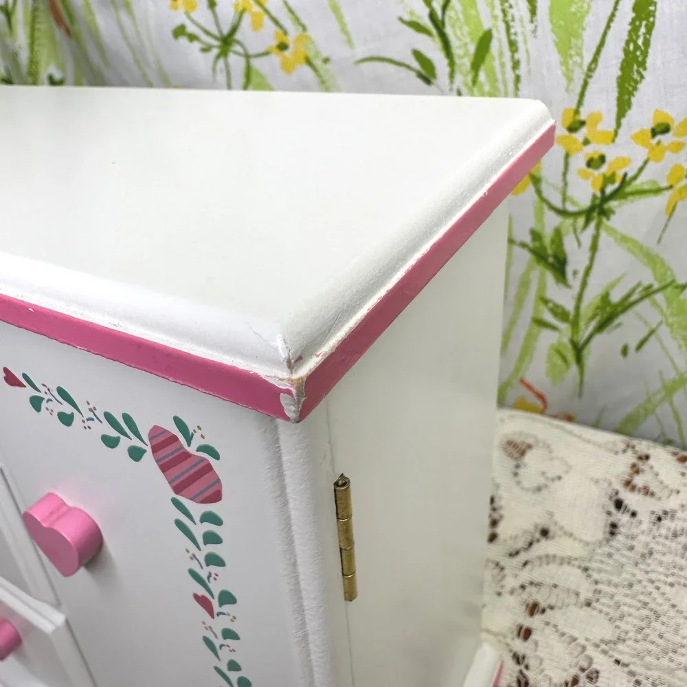 Vintage Wooden Jewelry Box Armoire White Pink Heart Knobs Teddy Bear Carousel